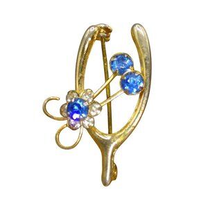 Vintage Wishbone Brooch with Blue Crystal Flowers, Gold Tone Thanksgiving Jewelr